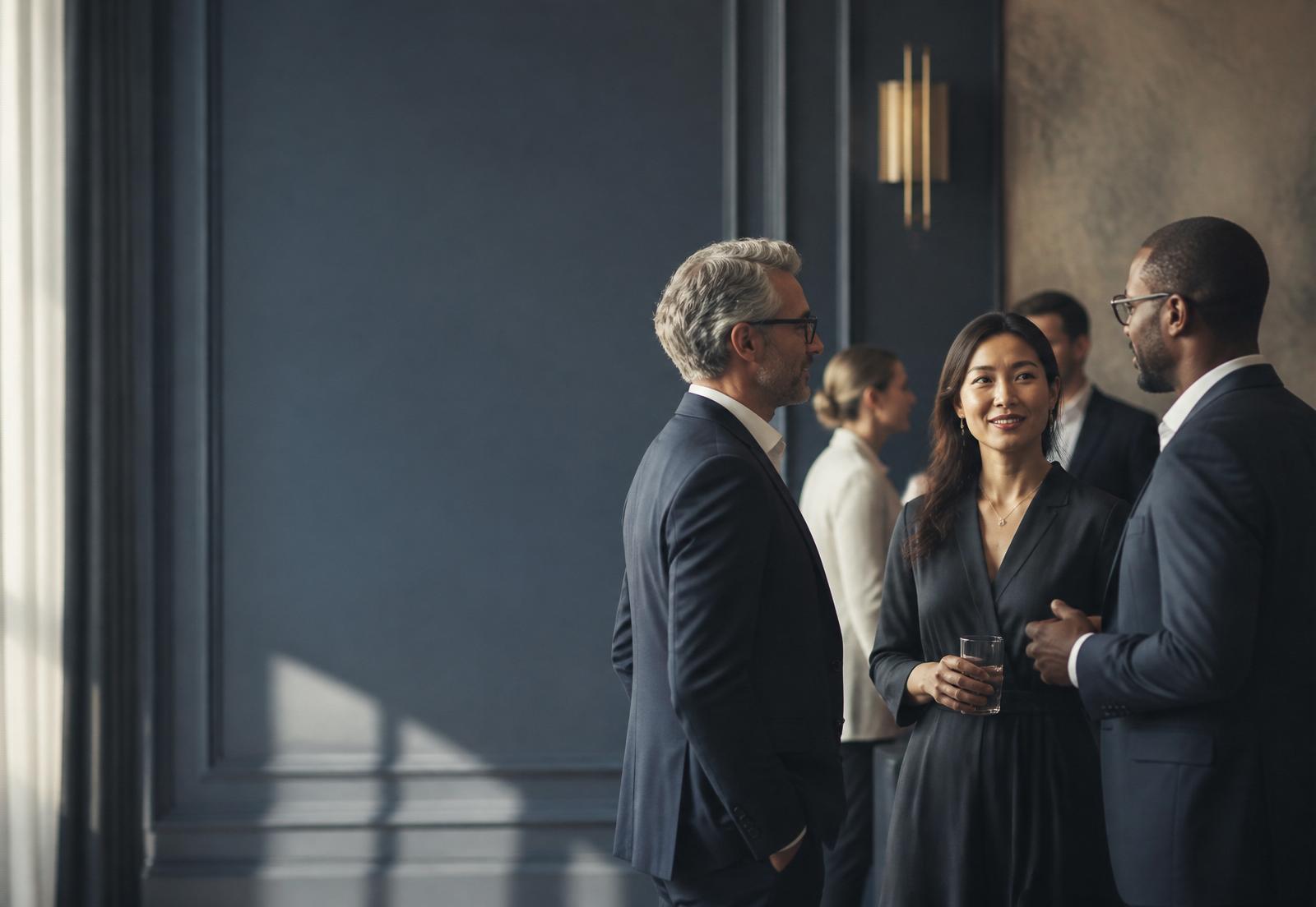 Guests in warm conversation at a refined recognition gathering